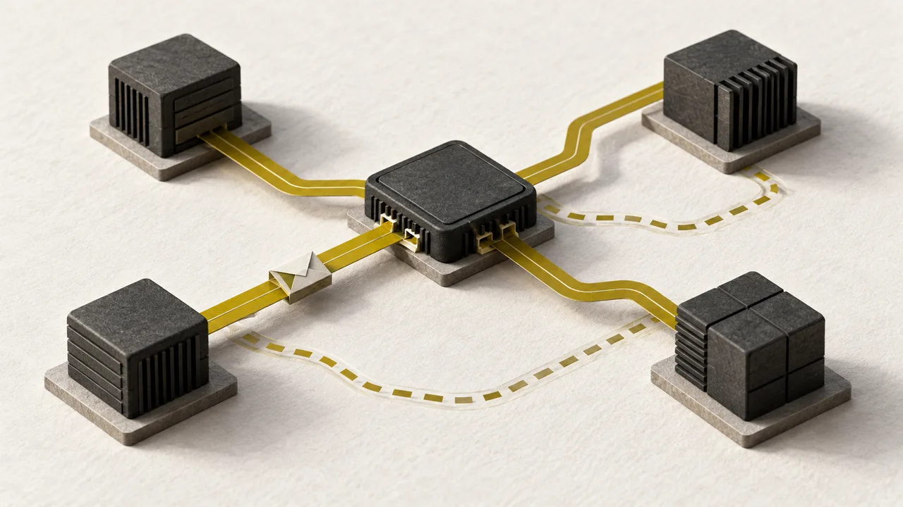 Schematisches Netzwerkmodell: Vier Rechenknoten tauschen über einen Router Nachrichten aus; Haupt- und Ersatzpfade sind dargestellt.